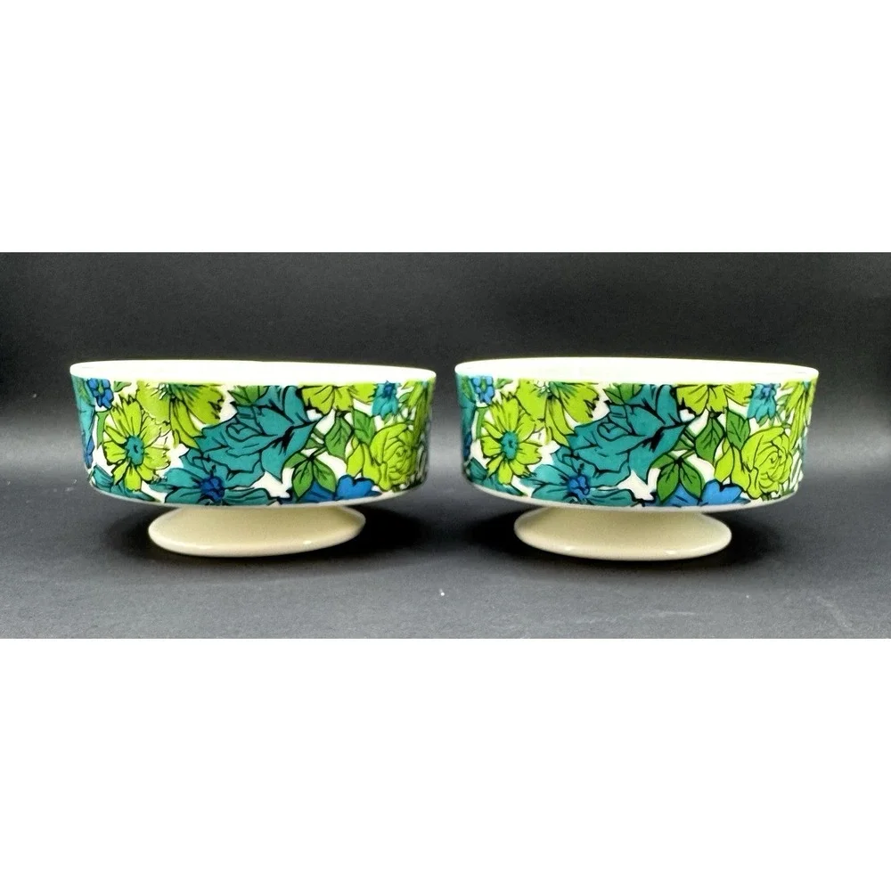 Vintage Holt Howard 1966 Set 6 Floral Pedestal Bowls Blue Green Mod MCM Flower